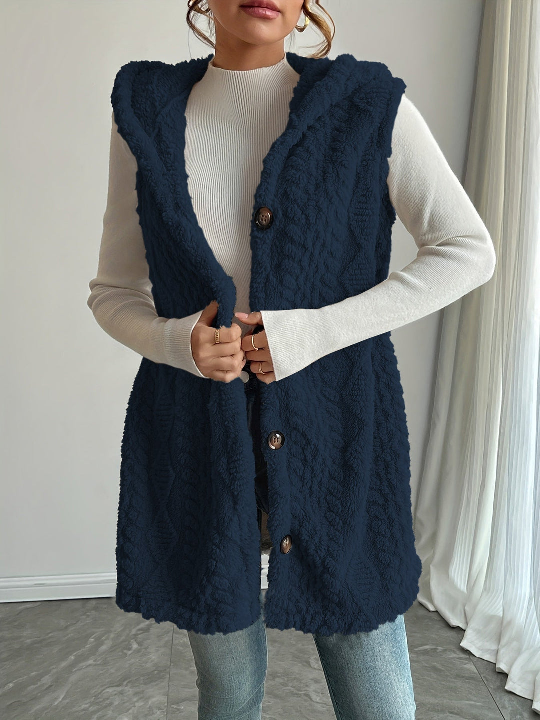 Laetitia™ | Hooded Textured Buttoned Sleeveless Vest