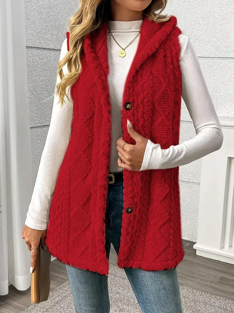 Laetitia™ | Hooded Textured Buttoned Sleeveless Vest