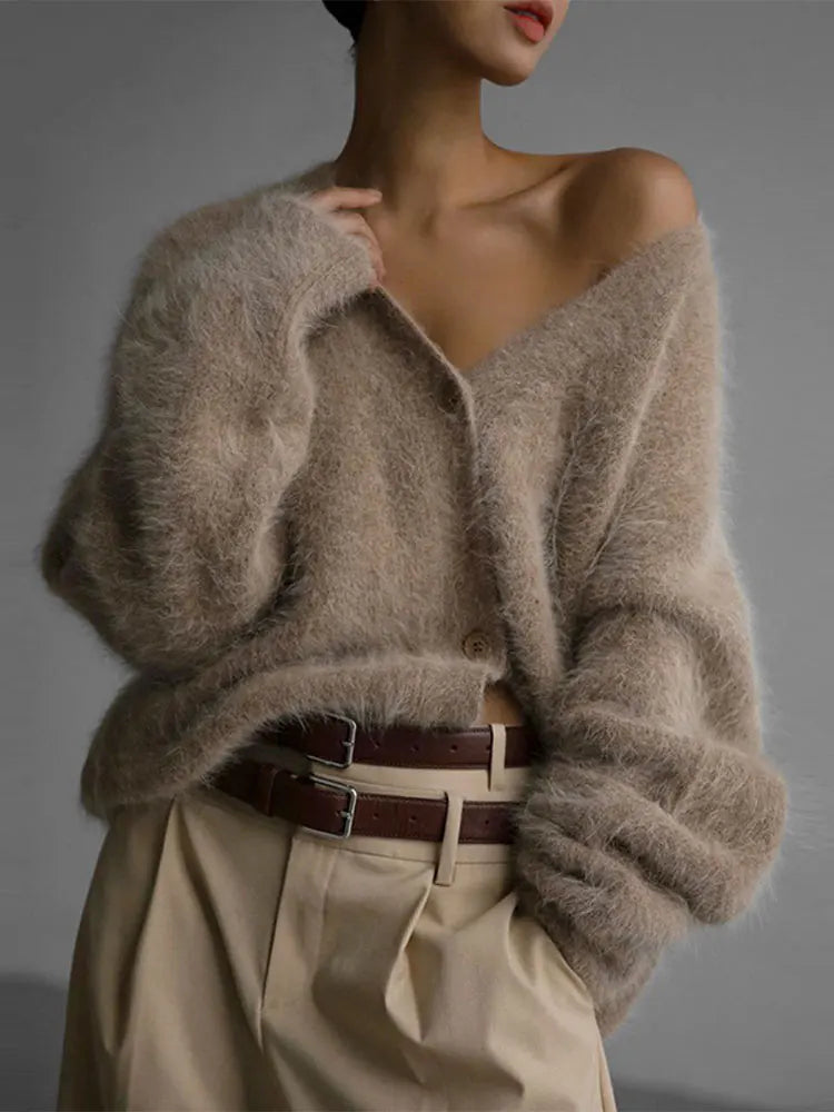 Fortunata™ | Fluffy V-neck button cardigan