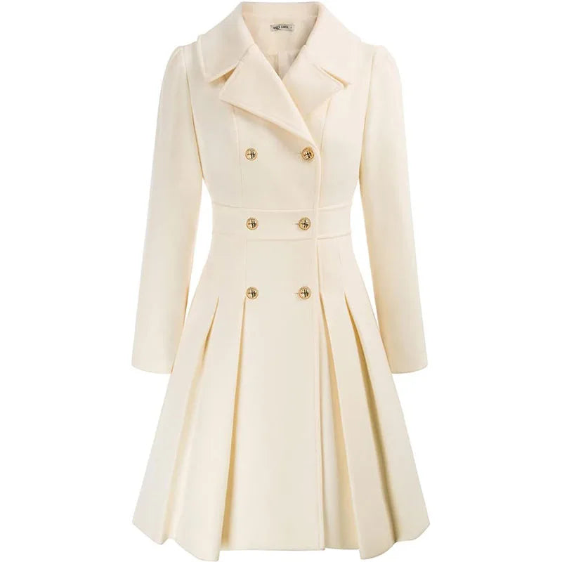 Alethea™ | Pleated Double-Breasted Fit-and-Flare Coat