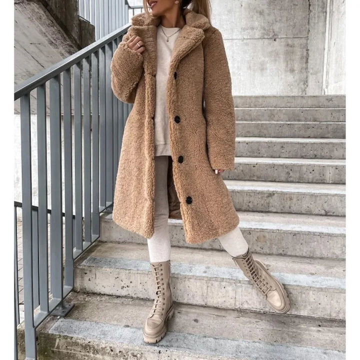 Emmeline™ | Long teddy sherpa coat with lapel collar and button front