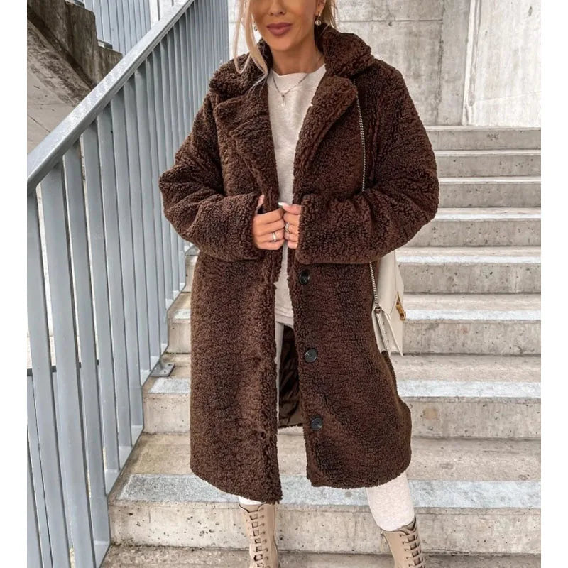 Emmeline™ | Long teddy sherpa coat with lapel collar and button front