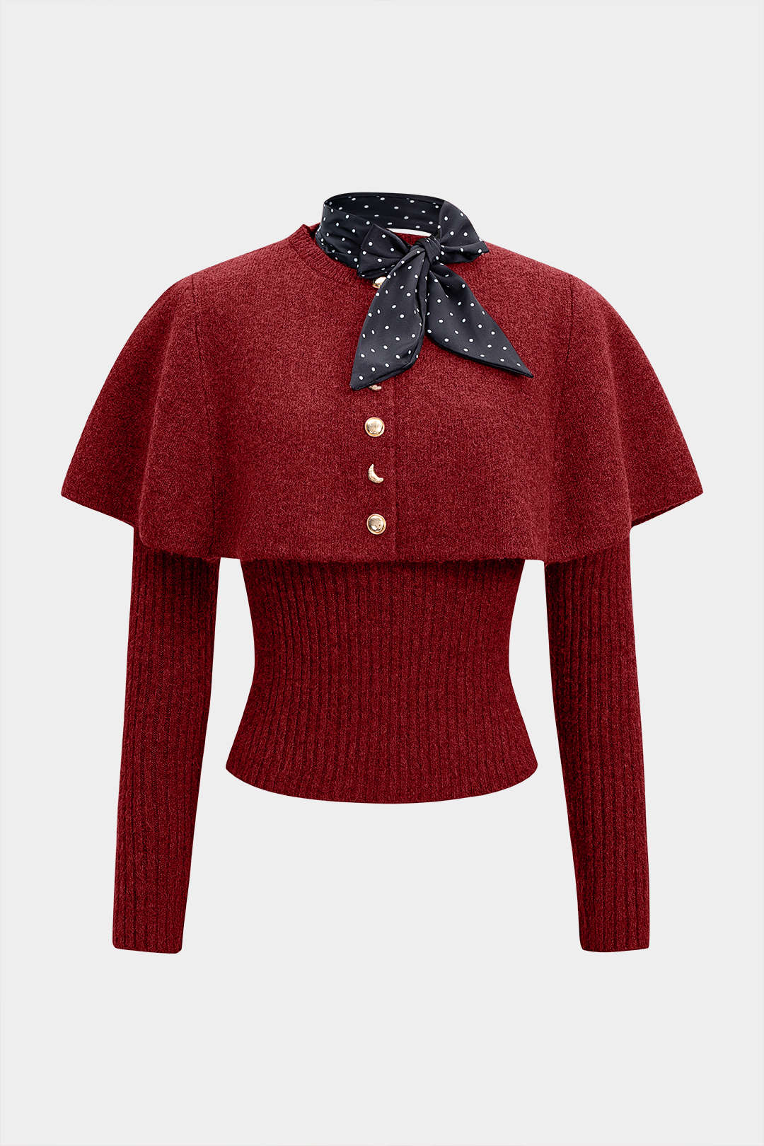Knit Metallic Irregular Button Long-Sleeve Top With Scarf