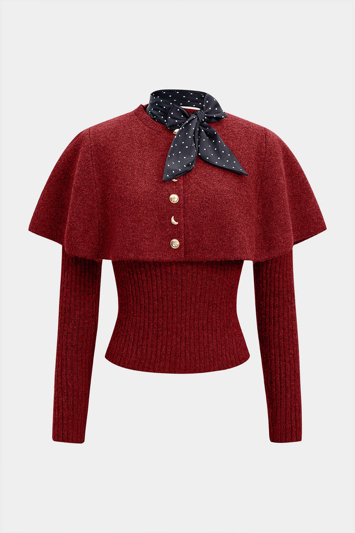 Knit Metallic Irregular Button Long-Sleeve Top With Scarf
