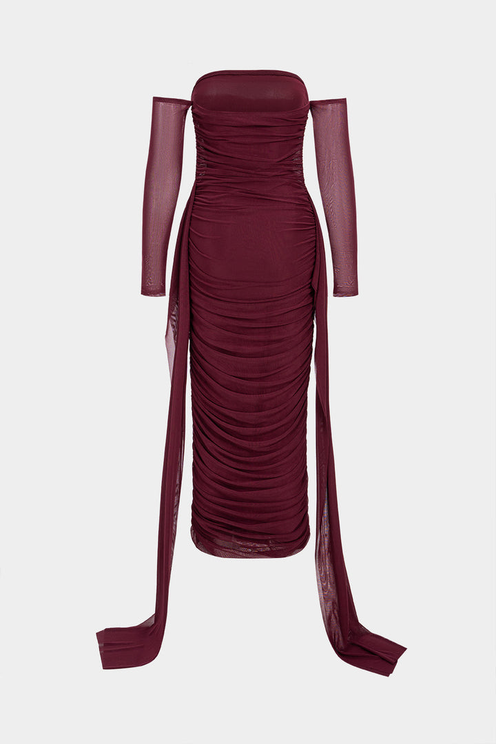 Mesh Off Shoulder Ruched Long Sleeve Maxi Dress