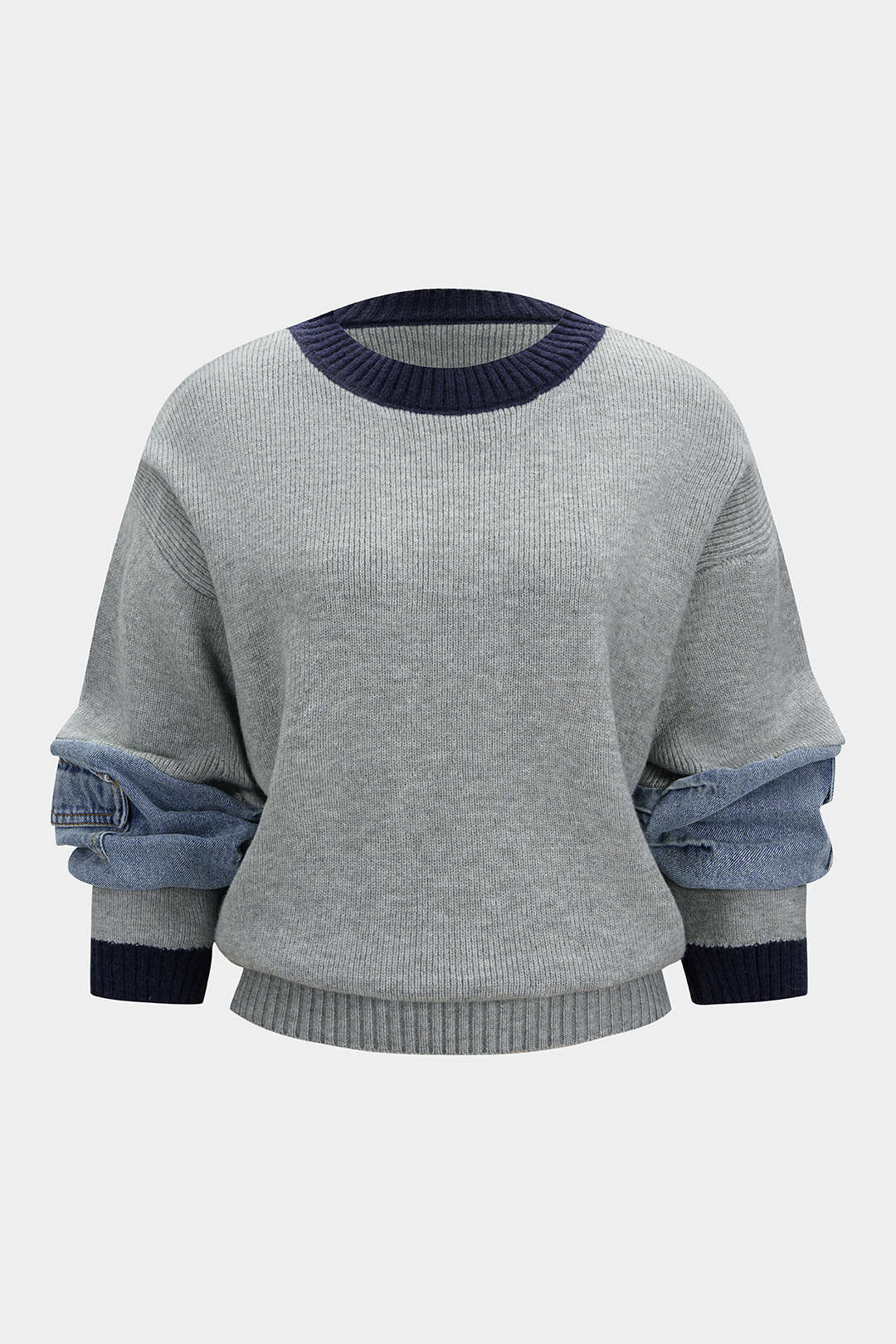 Knit Denim Patchwork Contrast Ribbed Long-Sleeve Top