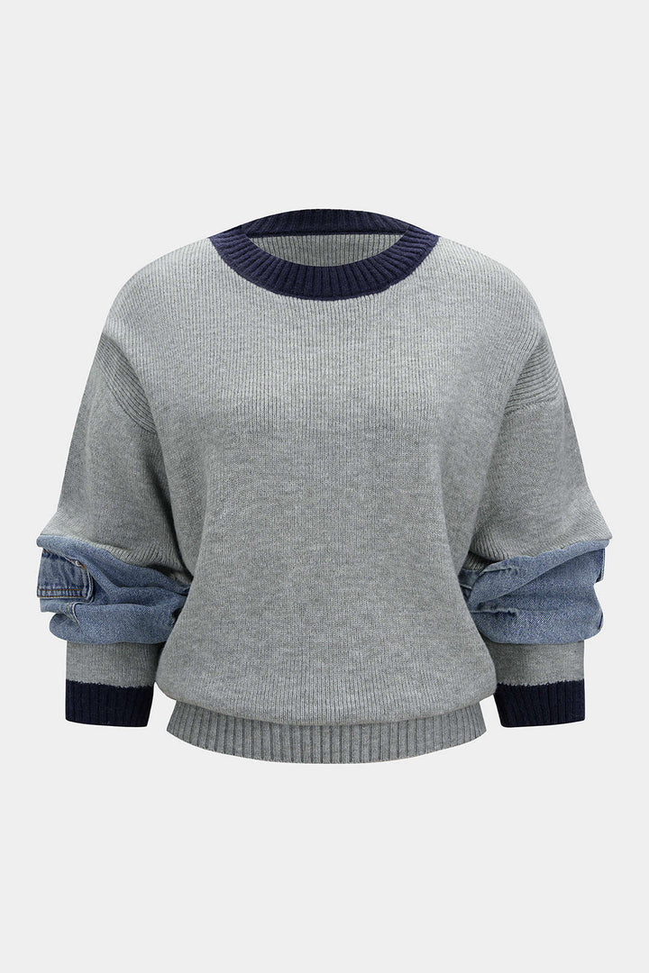 Knit Denim Patchwork Contrast Ribbed Long-Sleeve Top