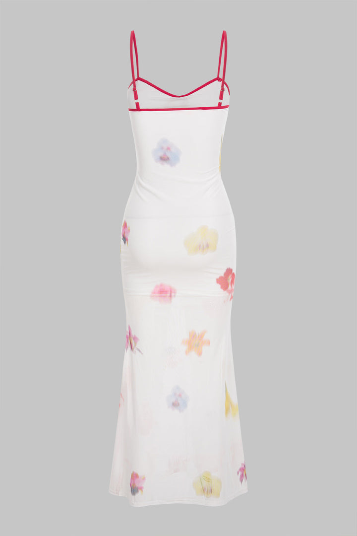 Contrast Floral Print Mesh Tie-Up Sleeveless Maxi Dress