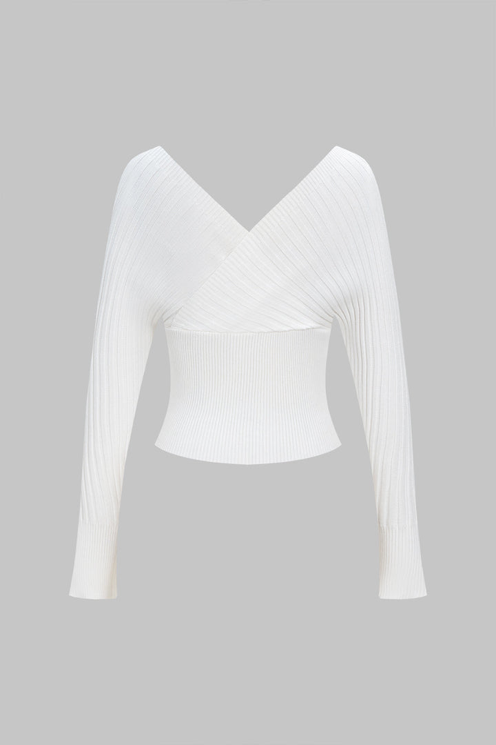 Knit V-Neck Crossed Long-Sleeve Top
