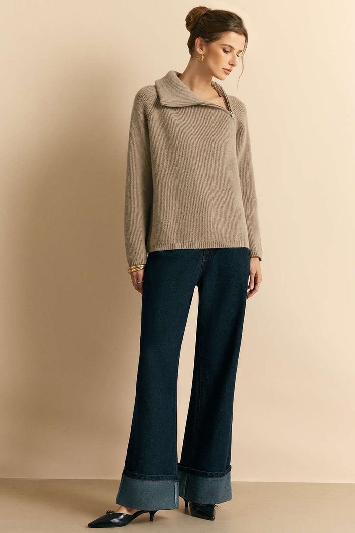 Knit Zipper Turn-Down Collar Long-Sleeve Top