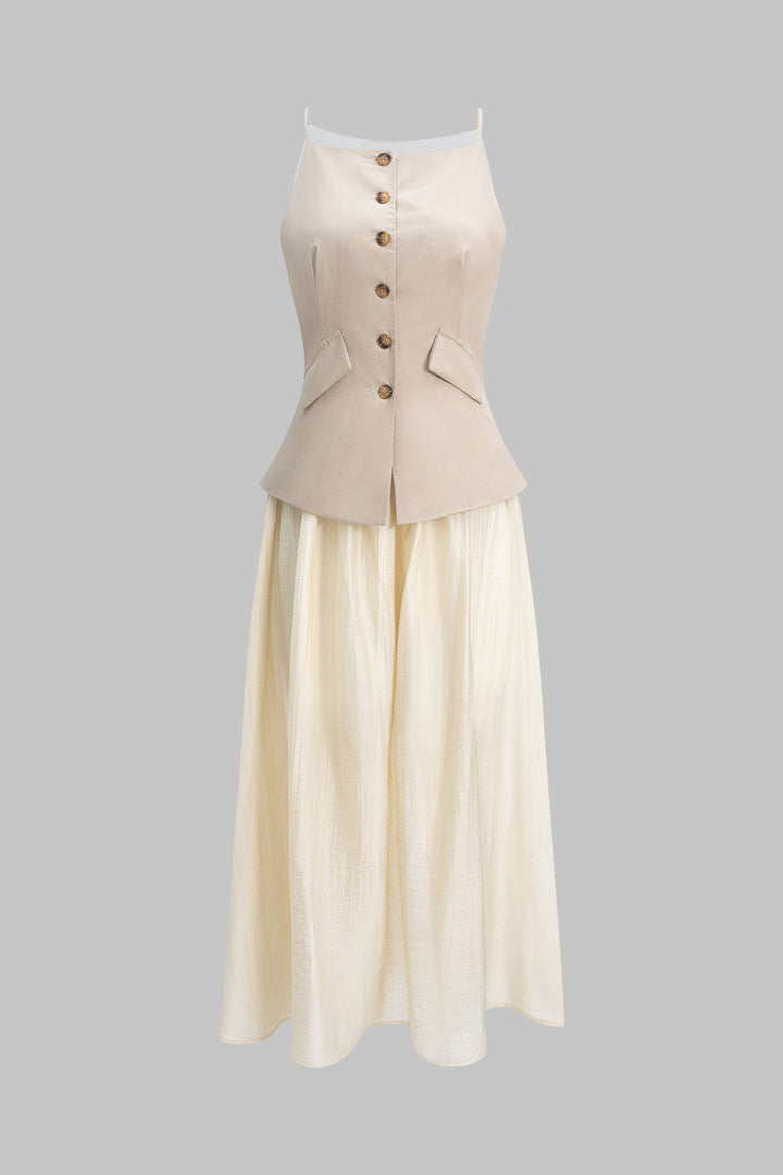 Fake Pocket Patchwork Button Ruched Sleeveless Maxi Dress