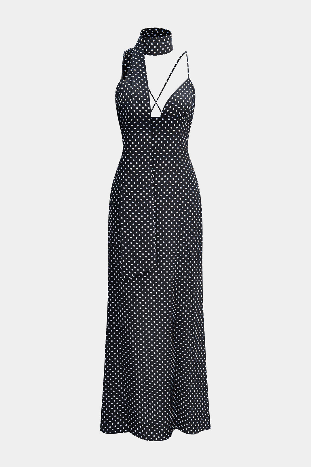 Polka Dots Print Crossed Tie Up Backless Slip Sleeveless Maxi Dress With Scarf