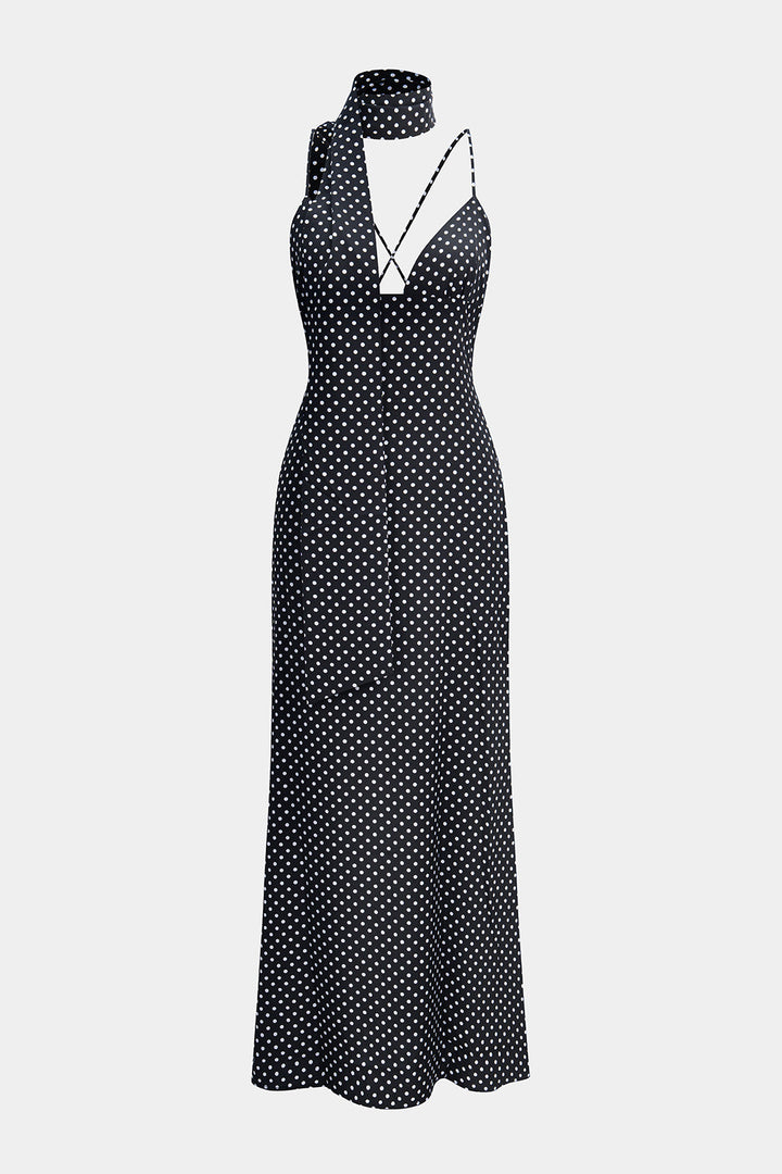 Polka Dots Print Crossed Tie Up Backless Slip Sleeveless Maxi Dress With Scarf