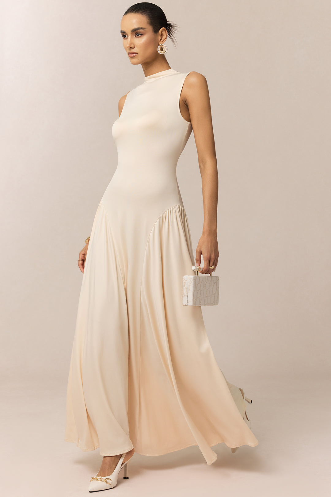 Mock Neck Ruched Sleeveless Maxi Dress