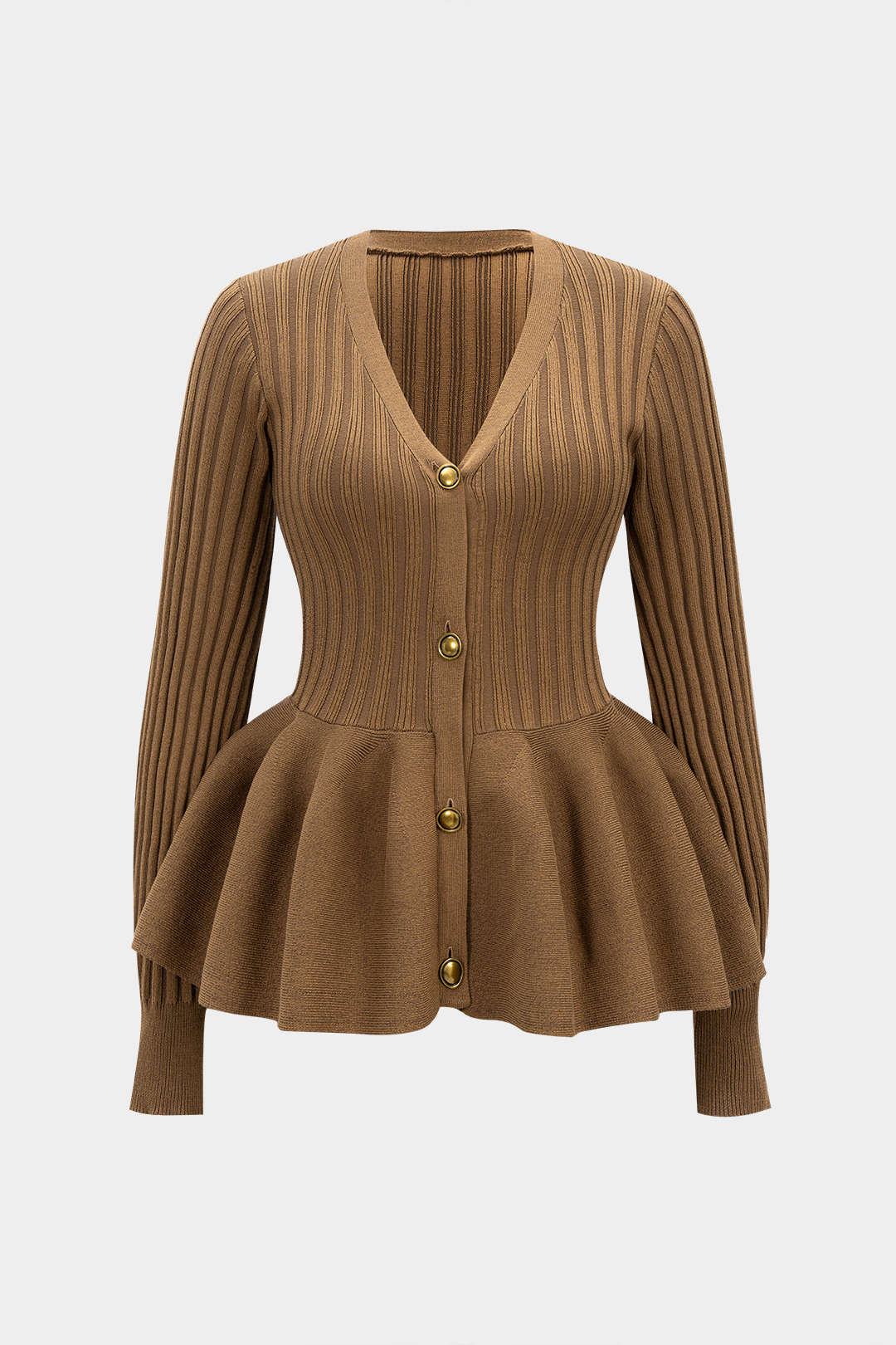 Knit V-Neck Puff Hem Ribbed Long-Sleeve Top