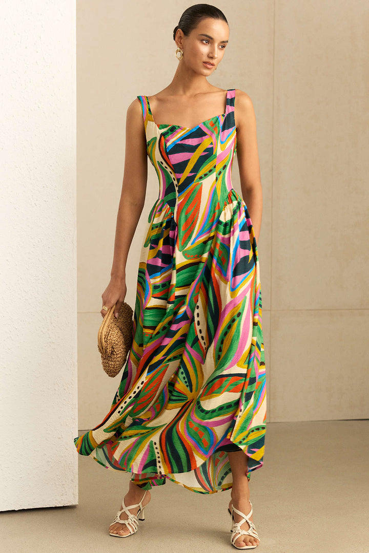Abstract Print Ruched Sleeveless Maxi Dress