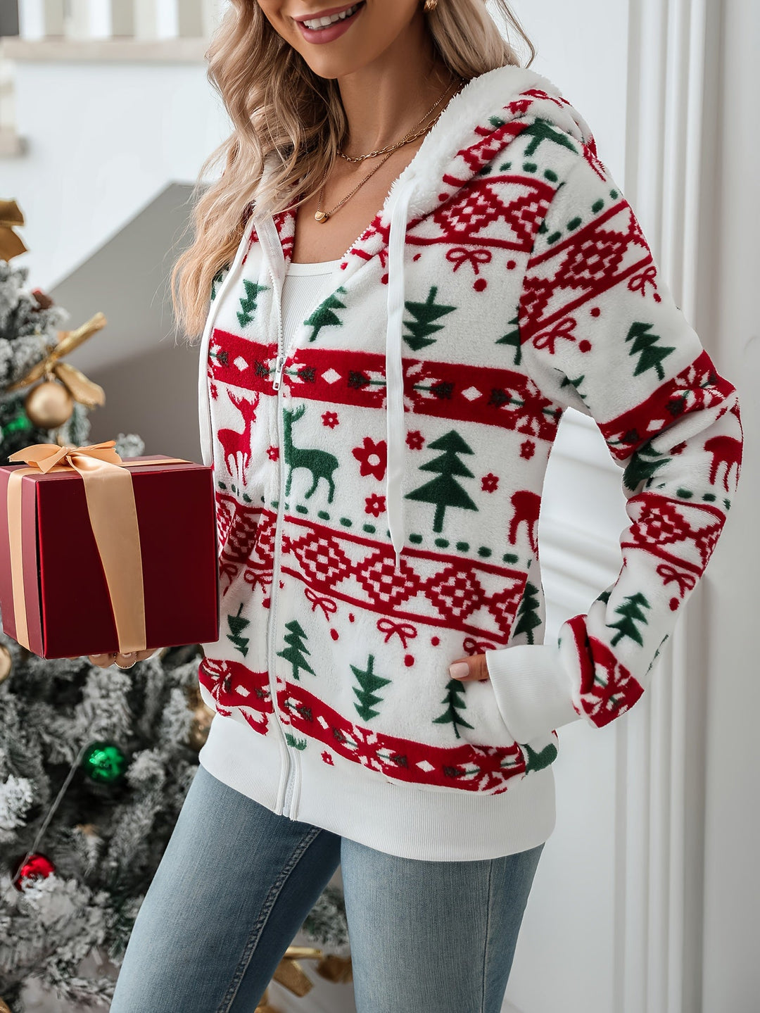 noelle™ | Festive Reindeer-Print Hooded Zip-Up Hoodie