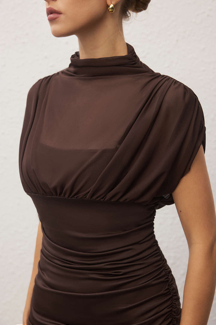 Mesh Patchwork Mock Neck Short-Sleeve Maxi Dress