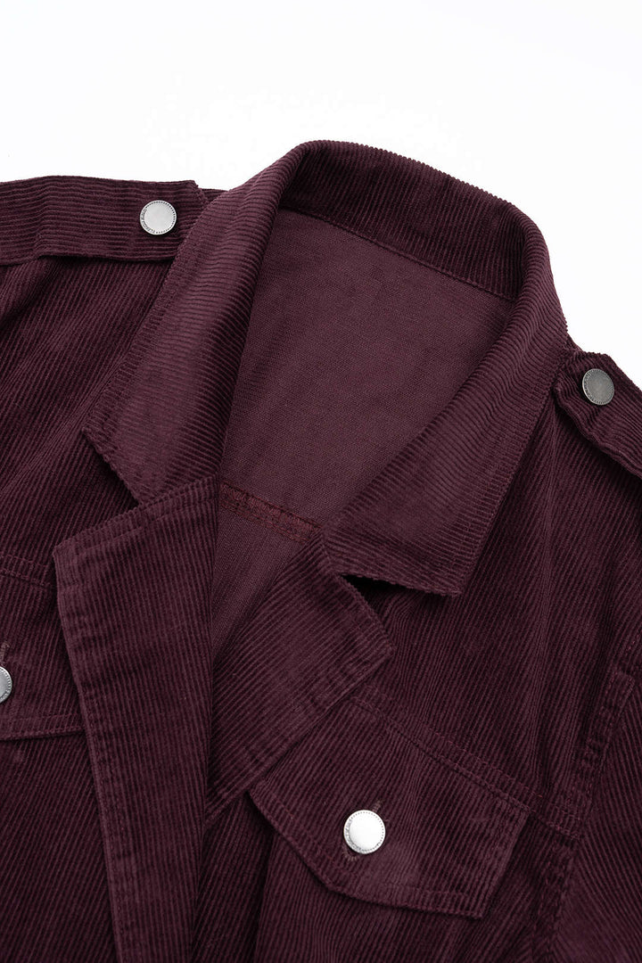Corduroy Notched Lapel Button Pocket Belted Long Sleeve Dress