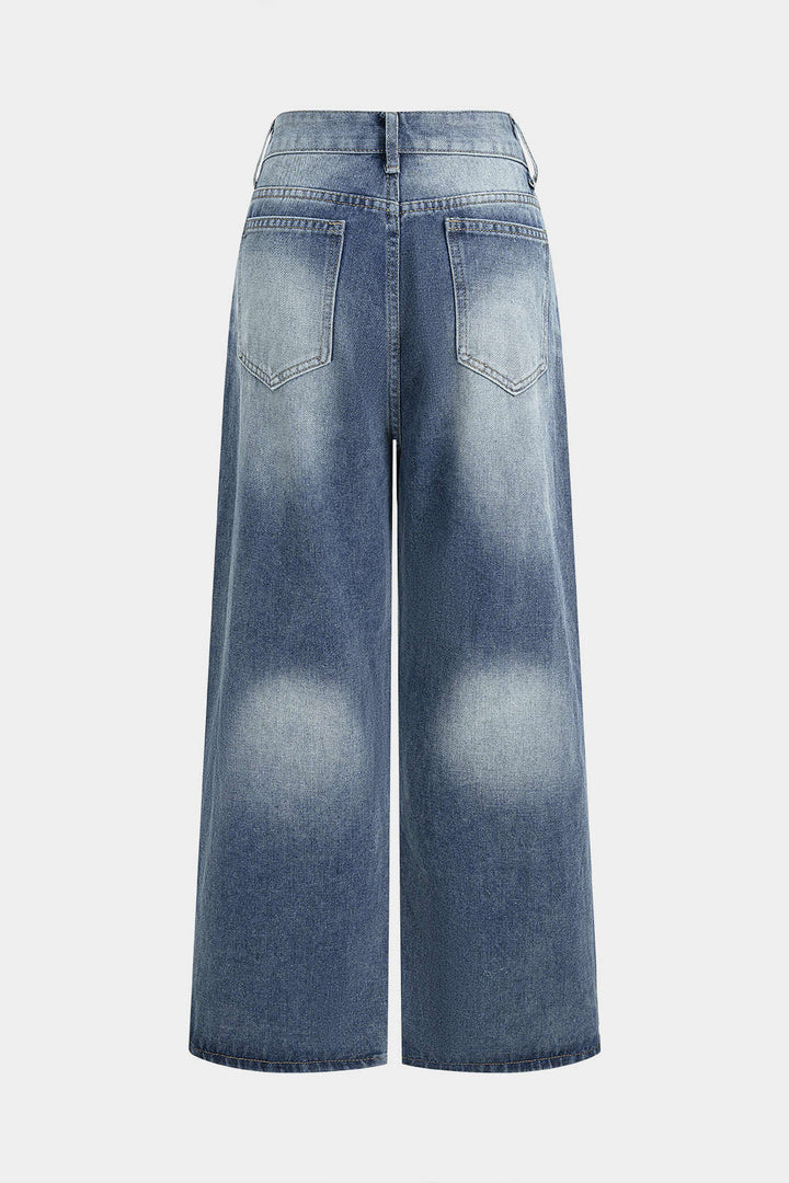 Denim Rivets Decor Pocket Wide Leg Jeans