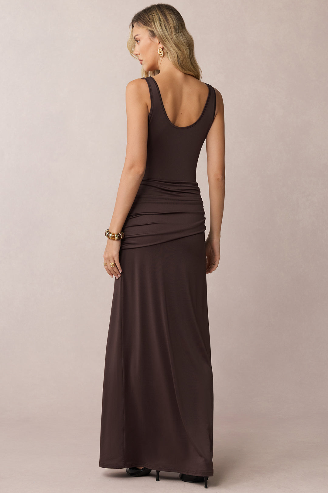 U-Neck Knotted Ruched Sleeveless Maxi Dress