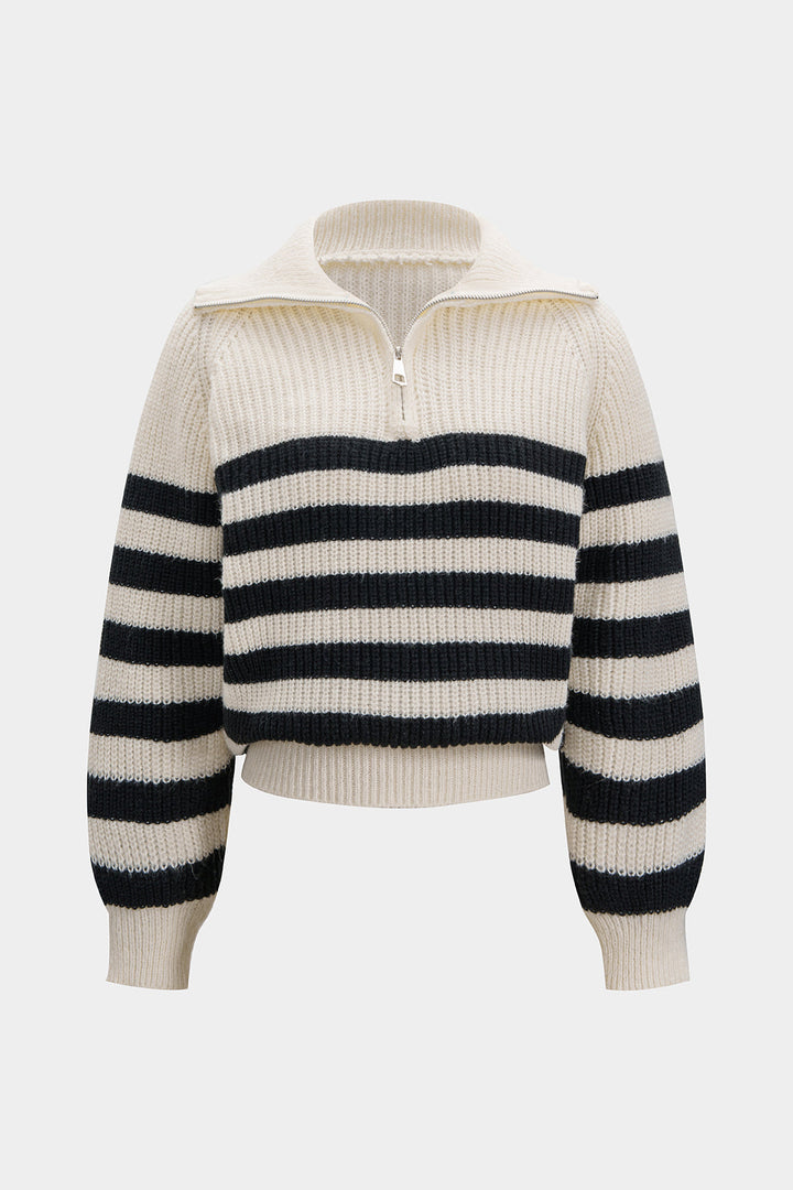 Knit ColorBlock Zipper Long-Sleeve Top