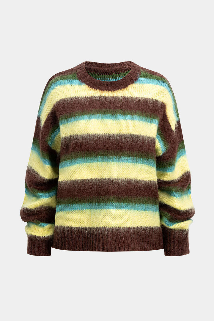 Knit Stripes Contrast Print Round Neck Long-Sleeve Top