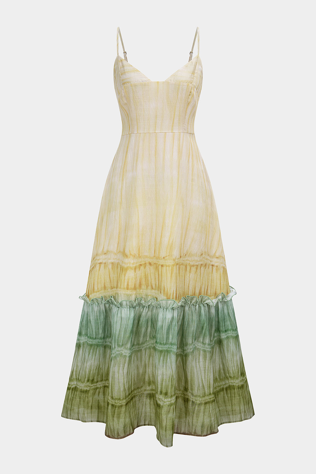 Ombre Print Linen V-Neck Ruched Slip Sleeveless Maxi Dress