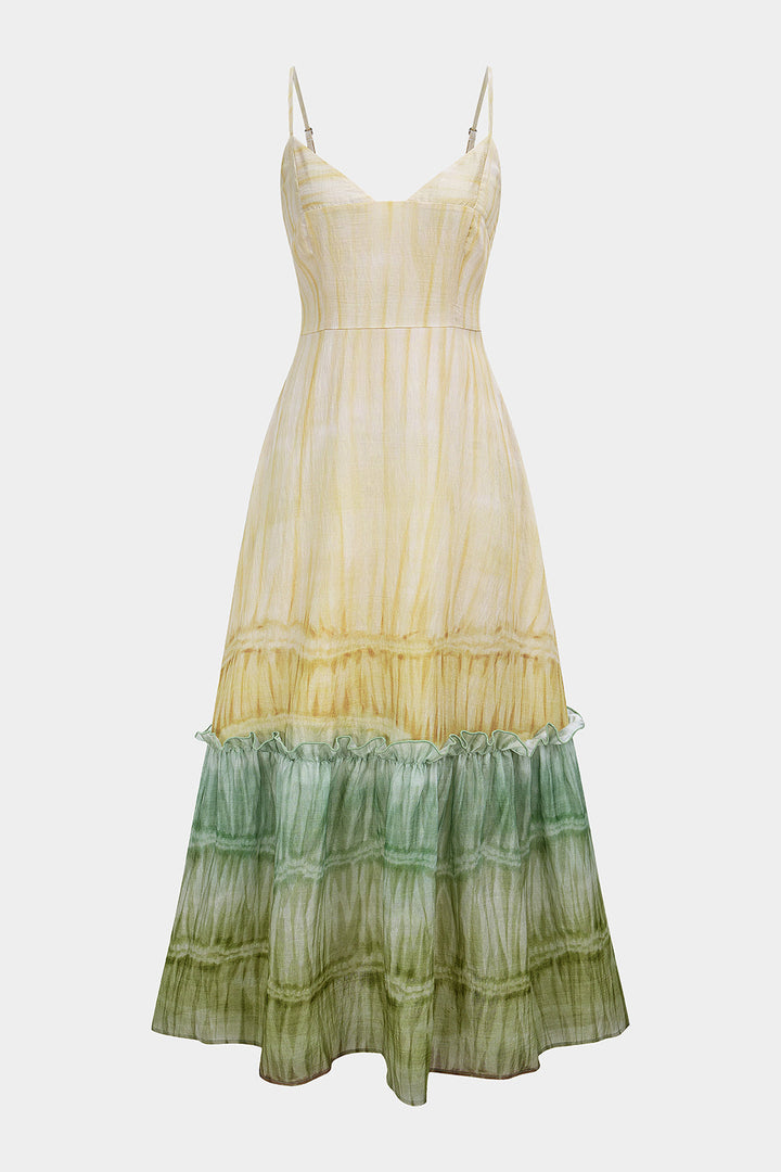 Ombre Print Linen V-Neck Ruched Slip Sleeveless Maxi Dress