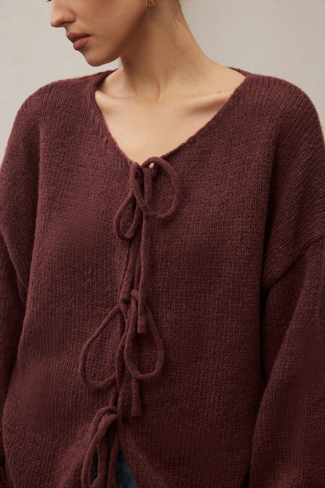 Knit Round Neck Tie-Up Cardigan