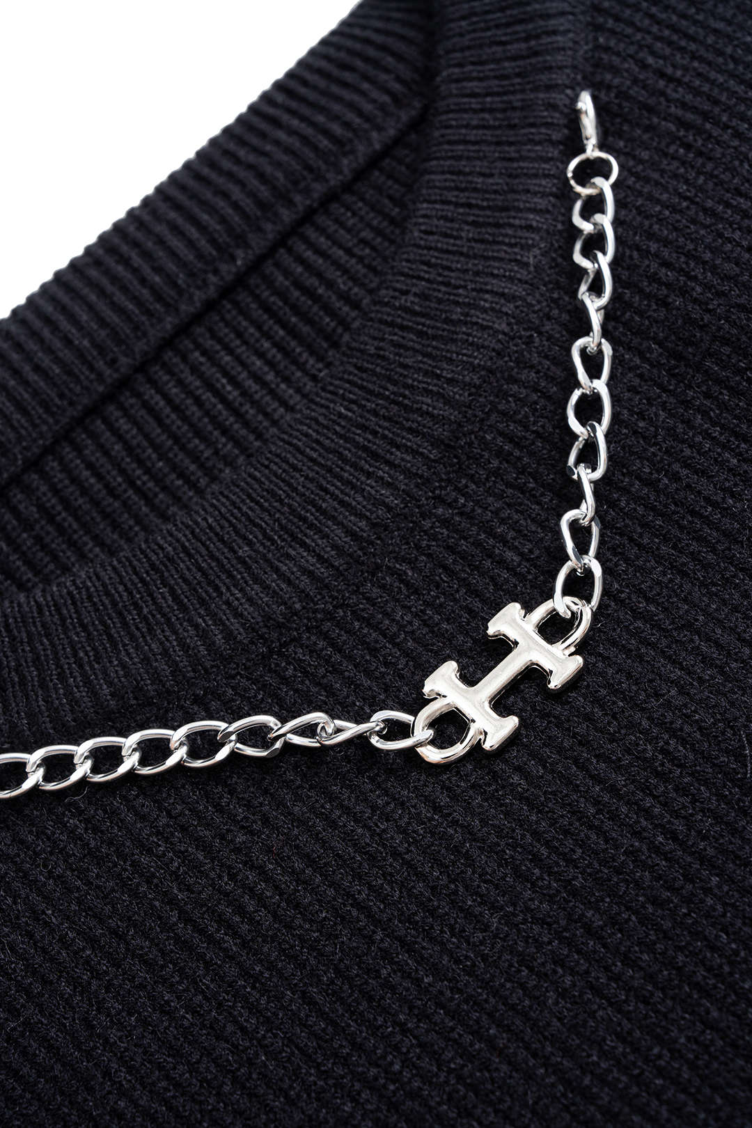 Knit Denim Patchwork Chain Decor Ruched Long-Sleeve Top