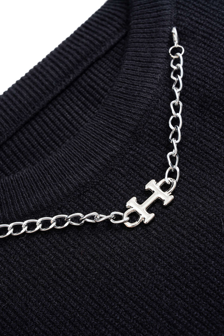 Knit Denim Patchwork Chain Decor Ruched Long-Sleeve Top