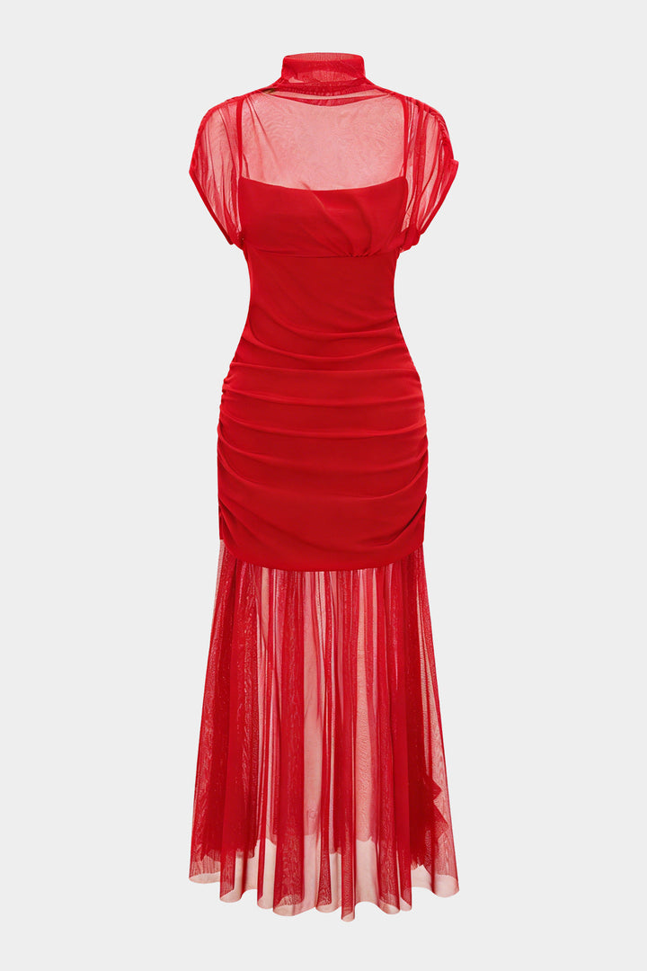 Mesh Patchwork Mock Neck Short-Sleeve Maxi Dress