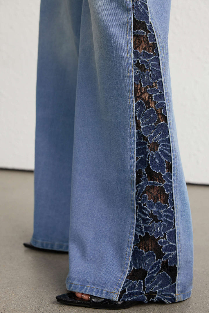 Denim Patchwork Lace Trim Wide Leg Jeans
