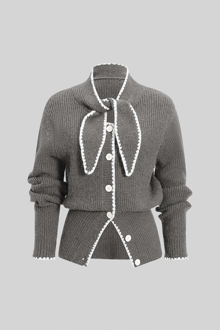 Knit Contrast Button Tie-Up Cardigan