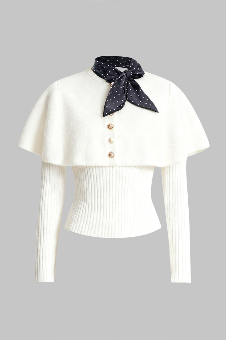 Knit Metallic Irregular Button Long-Sleeve Top With Scarf