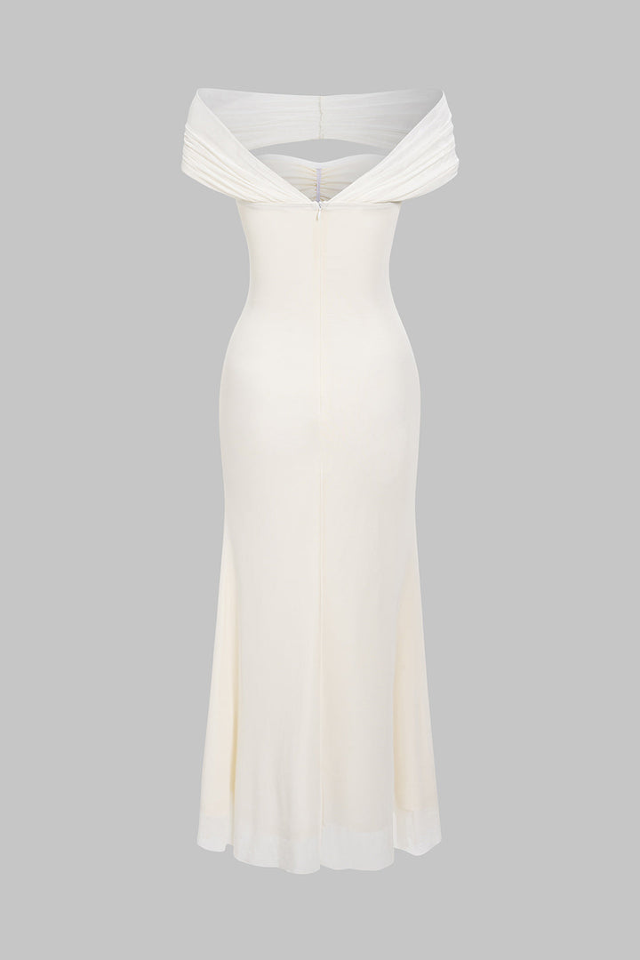 Off Shoulder Mesh Patchwork Metallic Decor Knotted Maxi Dress