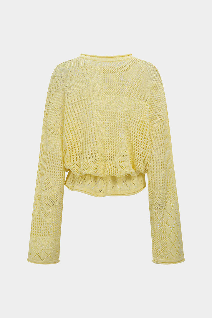 Solid Geometric Round Neck Drawstring Long-Sleeve Top
