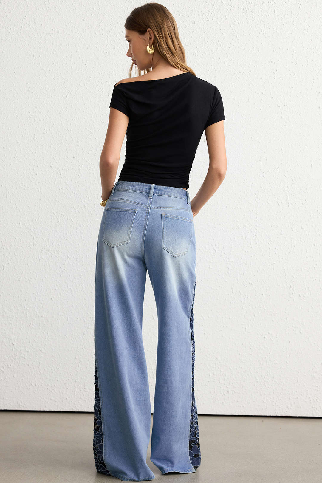 Denim Patchwork Lace Trim Wide Leg Jeans