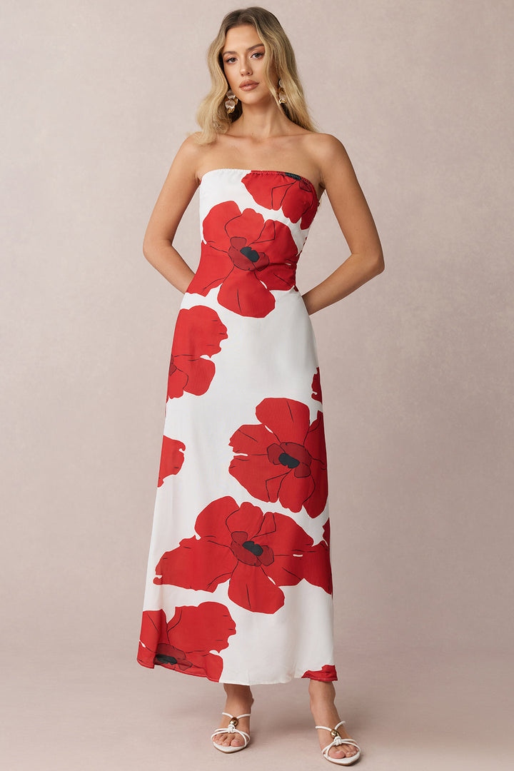 Contrast Floral Print Strapless Sleeveless Maxi Dress
