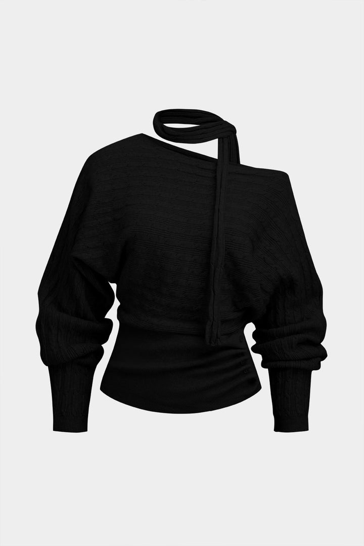 Cable Knit Asymmetrical Button Long-Sleeve Top