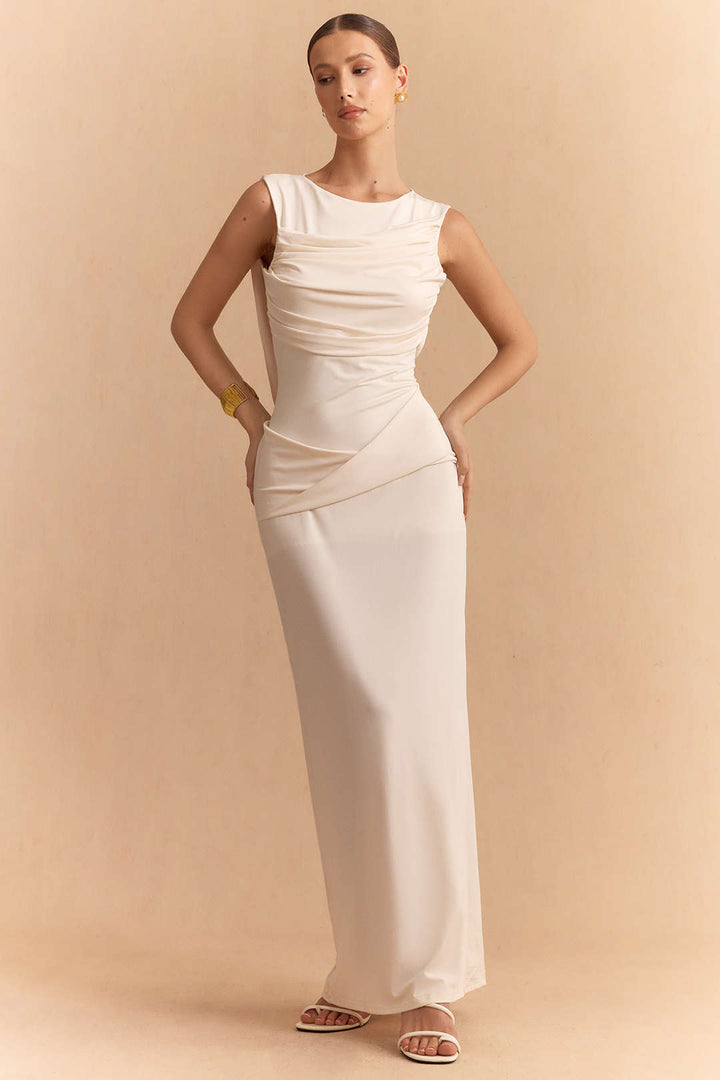 Round Neck Asymmetrical Ruched Backless Sleeveless Maxi Dress