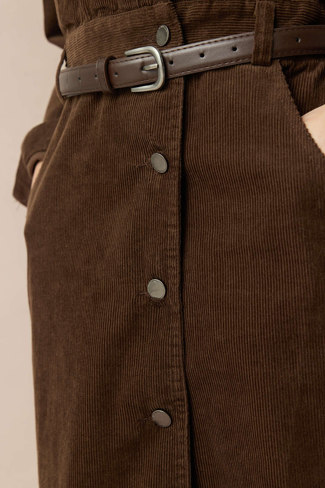 Corduroy Notched Lapel Button Pocket Belted Long Sleeve Dress