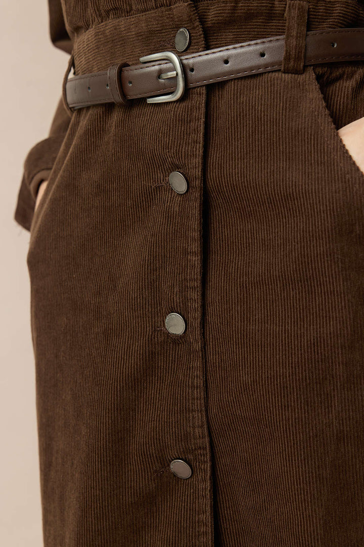 Corduroy Notched Lapel Button Pocket Belted Long Sleeve Dress