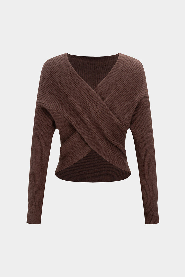 Knit Crossed V-Neck Long-Sleeve Top