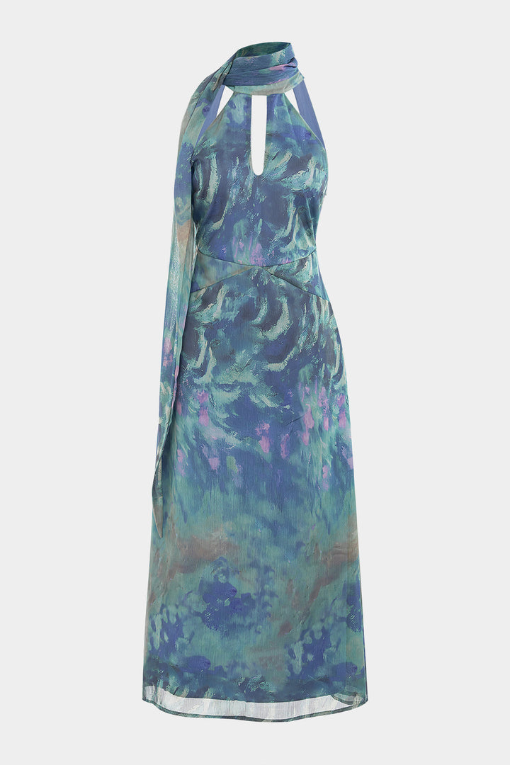 Tie Dye Print Mesh Halter Neck Cut Out Sleeveless Maxi Dress With Scarf