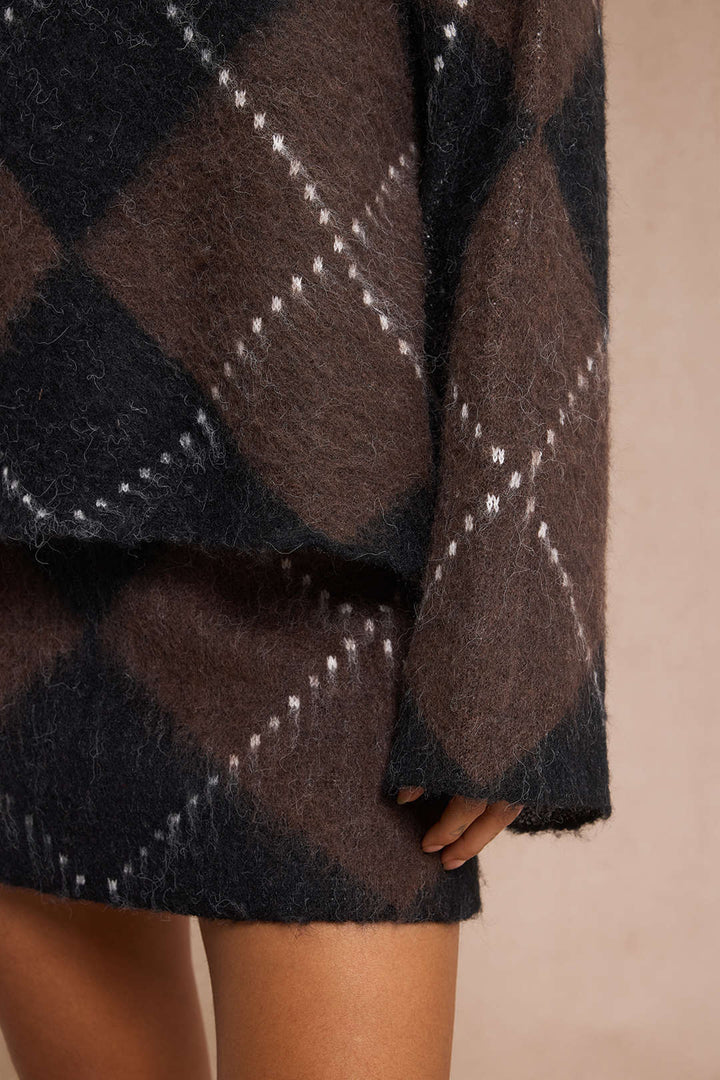 Knit  Argyle Print High Neck Long-Sleeve Top