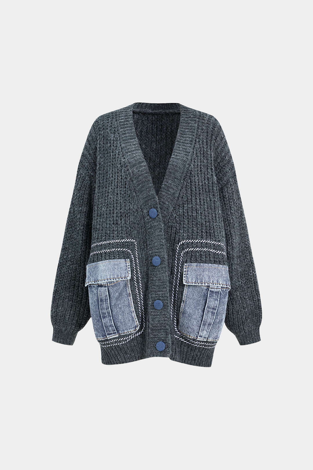 Denim Patchwork Button Pocket Sweater Cardigan