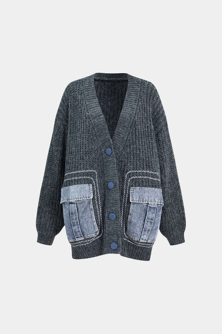 Denim Patchwork Button Pocket Sweater Cardigan