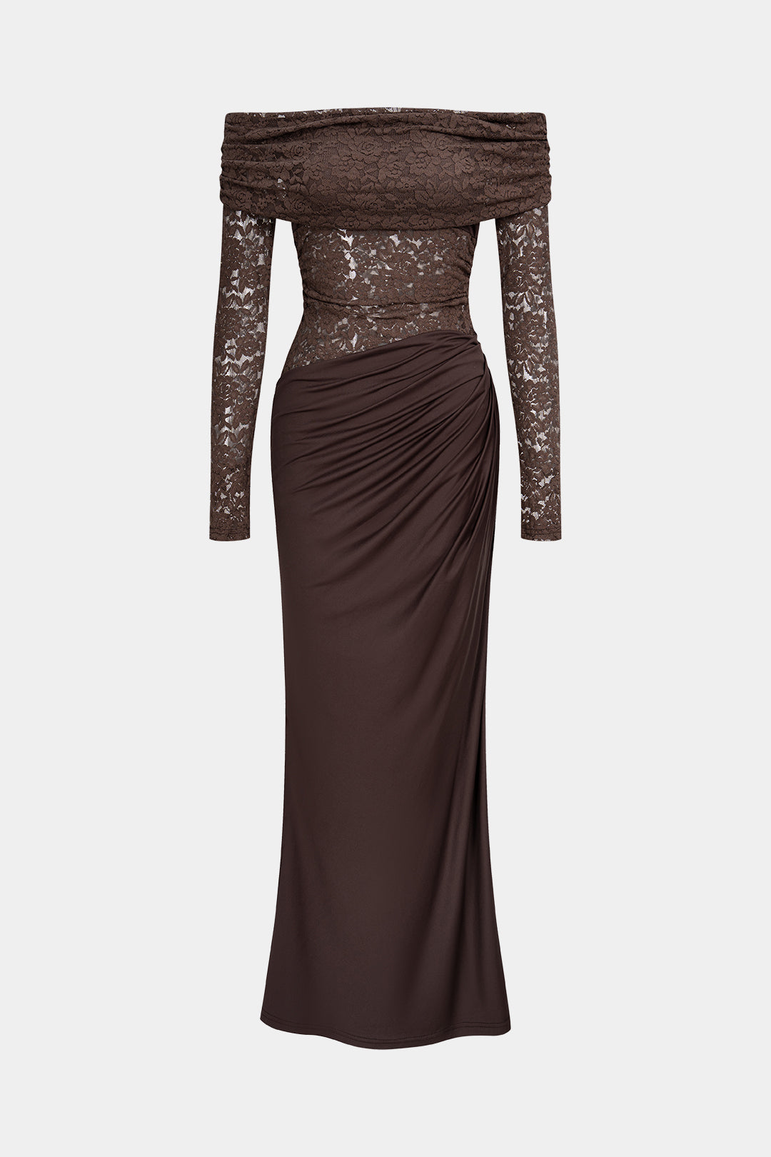 Lace Patchwork Off Shoulder Ruched Long Sleeve Maxi Dress